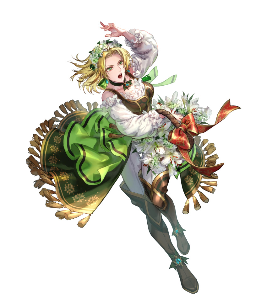 1girl attack blonde_hair boots breasts cleavage fire_emblem fire_emblem:_the_sacred_stones fire_emblem_heroes full_body green_eyes hair_ribbon head_wreath highres medium_breasts medium_hair non-web_source official_alternate_costume official_art open_mouth puffy_sleeves ribbon selena_(fire_emblem:_the_sacred_stones) selena_(valentine)_(fire_emblem:_the_sacred_stones) solo thigh_boots v-shaped_eyebrows yellow_ribbon