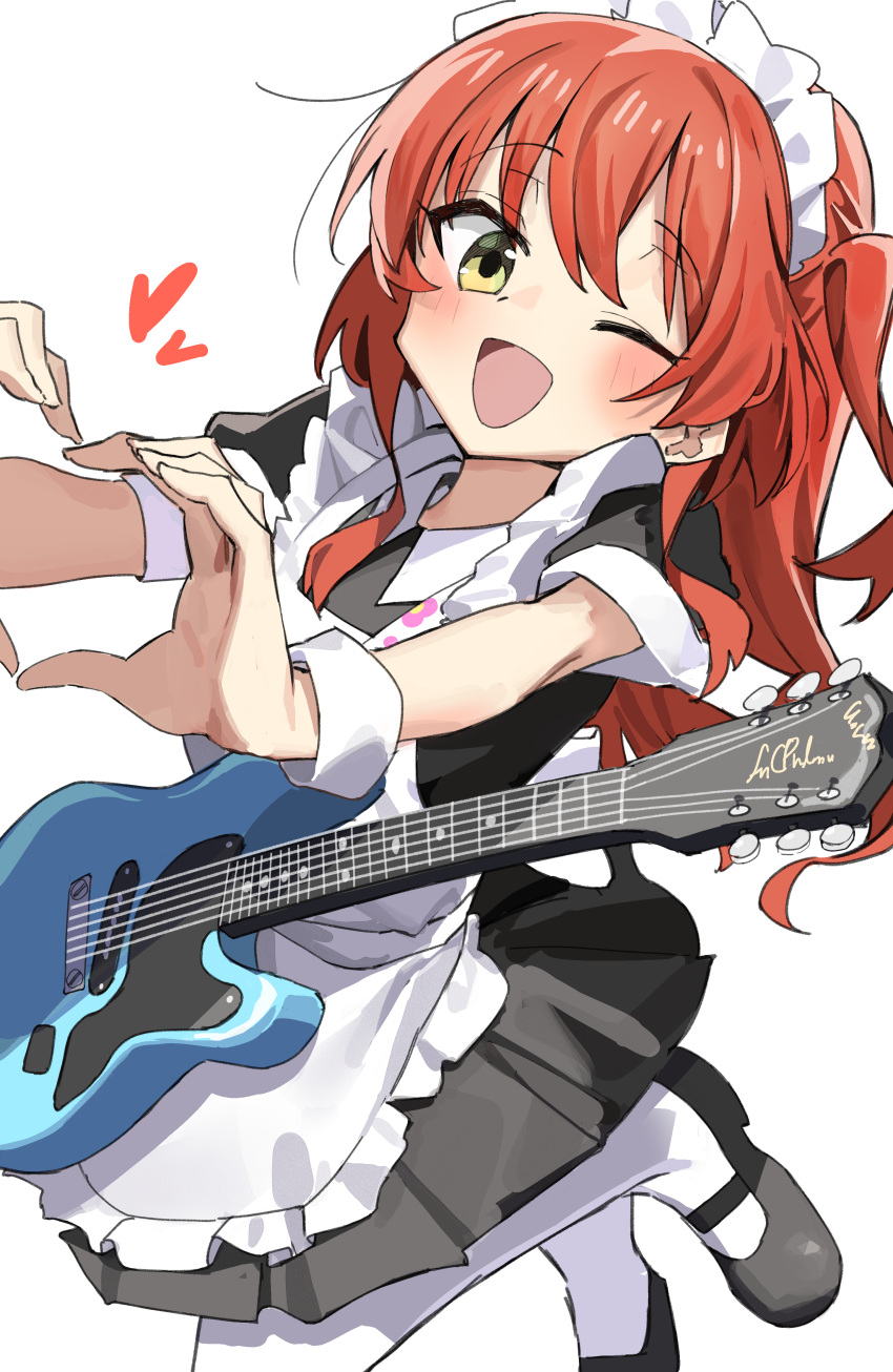 1girl ;d absurdres alternate_costume apron black_dress black_footwear blush bocchi_the_rock! dress electric_guitar enmaided frilled_apron frills gibson_les_paul green_eyes guitar haruyuki_(gffewuoutgblubh) heart heart_hands highres instrument kita_ikuyo long_hair looking_at_viewer maid one_eye_closed one_side_up open_mouth pantyhose red_hair shoes short_sleeves simple_background smile solo white_apron white_background white_pantyhose wrist_cuffs