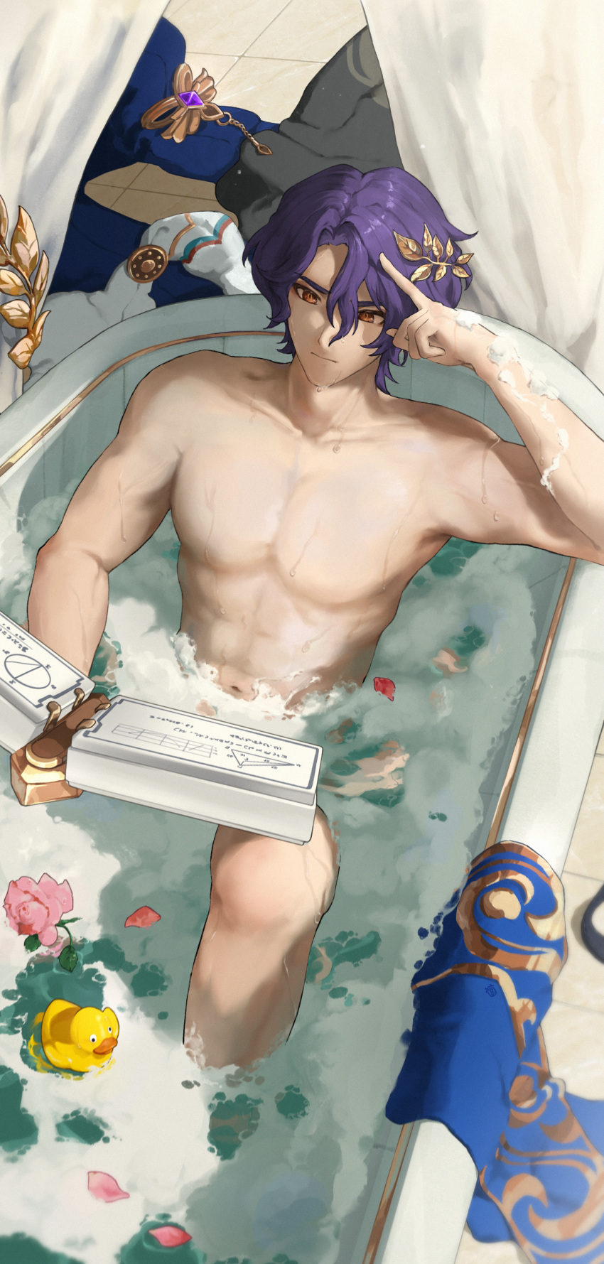 1boy absurdres bathing bathtub blue_hair book closed_mouth completely_nude dr._ratio_(honkai:_star_rail) flower hair_between_eyes highres holding holding_book honkai:_star_rail honkai_(series) in_water male_focus muscular muscular_male navel no_nipples nude open_book pang_(user8o8symb0l) pink_flower reading short_hair soap_bubbles solo