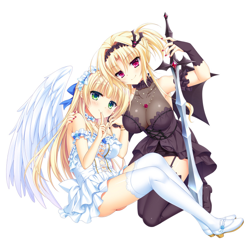 2girls absurdres alternate_costume angel_and_devil angel_wings bare_shoulders black_dress black_footwear black_gloves black_thighhighs blonde_hair blue_flower blue_rose blunt_bangs blush bracelet breasts bridal_gauntlets center_frills choker cleavage closed_mouth demon_wings dress eyes_visible_through_hair fake_wings feathered_wings finger_to_mouth flower frilled_choker frilled_dress frills full_body garter_straps gloves green_eyes hair_between_eyes hair_intakes hand_on_another's_shoulder hand_up heads_together heroina_di_caballero_ista highres holding holding_sword holding_weapon hug impossible_clothes index_finger_raised jewelry kin-iro_loveriche kneeling large_breasts legs_together long_hair looking_at_viewer mary_janes moribe_(rabumanyo) multiple_girls nail_polish necklace off-shoulder_dress off_shoulder official_art pink_eyes red_flower red_nails red_rose rose shiny_skin shoes short_ponytail shushing sidelocks simple_background sitting sleeveless sleeveless_dress smile smug straight_hair strapless strapless_dress sword sylvia_le_cruzcrown_sortilege_sisua thighhighs thighs toranosuke very_long_hair weapon white_background white_dress white_footwear white_thighhighs white_wings wings zettai_ryouiki