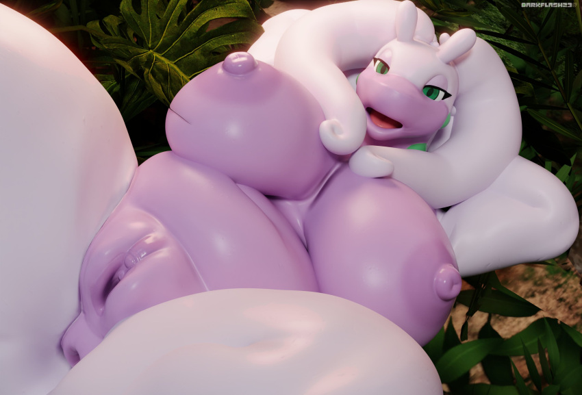 3d_(artwork) antennae_(anatomy) anthro anus areola big_breasts breasts curvy_figure darkflash23 digital_media_(artwork) dragon female generation_6_pokemon genitals goodra gooey_goober_(reptilligator) green_eyes hi_res huge_breasts lying nintendo nipples nude on_back open_mouth outside overweight overweight_anthro overweight_female plant pokemon pokemon_(species) pseudo_hair purple_areola purple_body purple_nipples purple_pussy purple_skin pussy solo spread_legs spreading thick_thighs voluptuous wide_hips