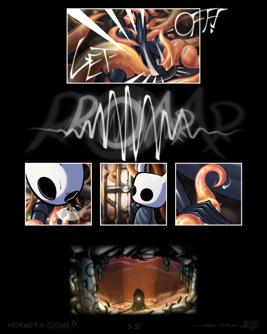 2024 4:5 ambiguous_gender arthropod coiling comic depth_of_field detailed_background digital_media_(artwork) english_text featureless_chest flat_chested hi_res hollow_knight hornet_(hollow_knight) humanoid jellli motion_lines orange_tentacles plant rock segmented_body team_cherry tentacle_grab tentacles tentacles_around_body tentacles_around_legs text the_knight_(hollow_knight) vessel_(species)