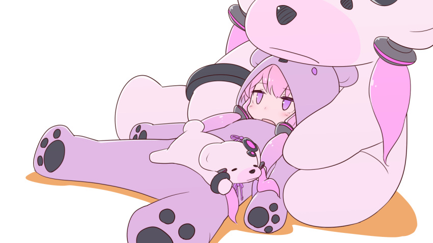 1girl alternate_costume animal_costume bear_costume blush colored_shadow commentary_request full_body jitome large_teddy_bear lying on_back open_mouth pink_hair purple_eyes shadow simple_background solo stuffed_animal stuffed_toy teddy_bear vocaloid voiceroid white_background yamadori_seika yuzuki_yukari