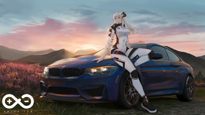 1girl arknights bmw bmw_m4 bodysuit breasts car covered_navel evening field full_body horns jangsunyo knee_up large_breasts looking_at_viewer medium_hair motor_vehicle mountainous_horizon orange_eyes rhine_lab_logo saria_(arknights) scenery shoes sitting skin_tight sky sneakers solo thighs two-tone_bodysuit white_bodysuit white_hair