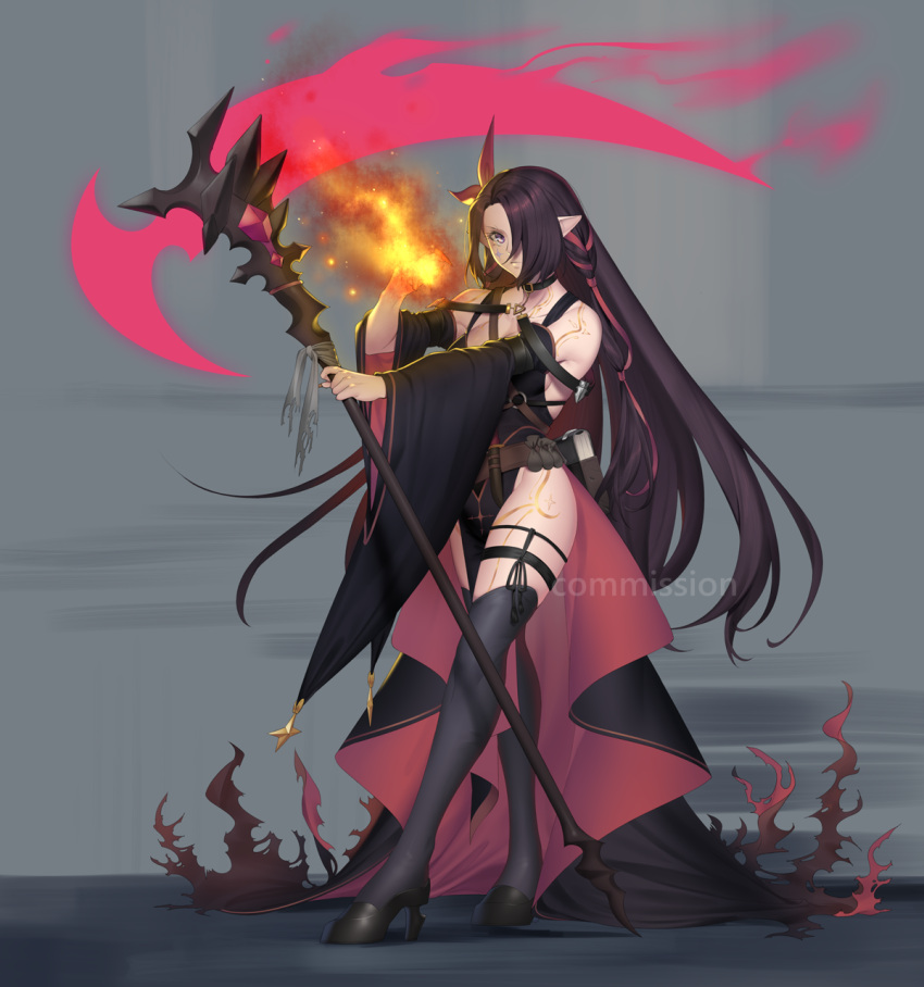 1girl belt black_hair choker commentary_request commission hair_over_one_eye high_heels highres holding holding_weapon long_hair looking_at_viewer nashoki original pelvic_curtain pointy_ears scythe solo tattoo thighhighs very_long_hair watermark weapon wide_sleeves yellow_eyes