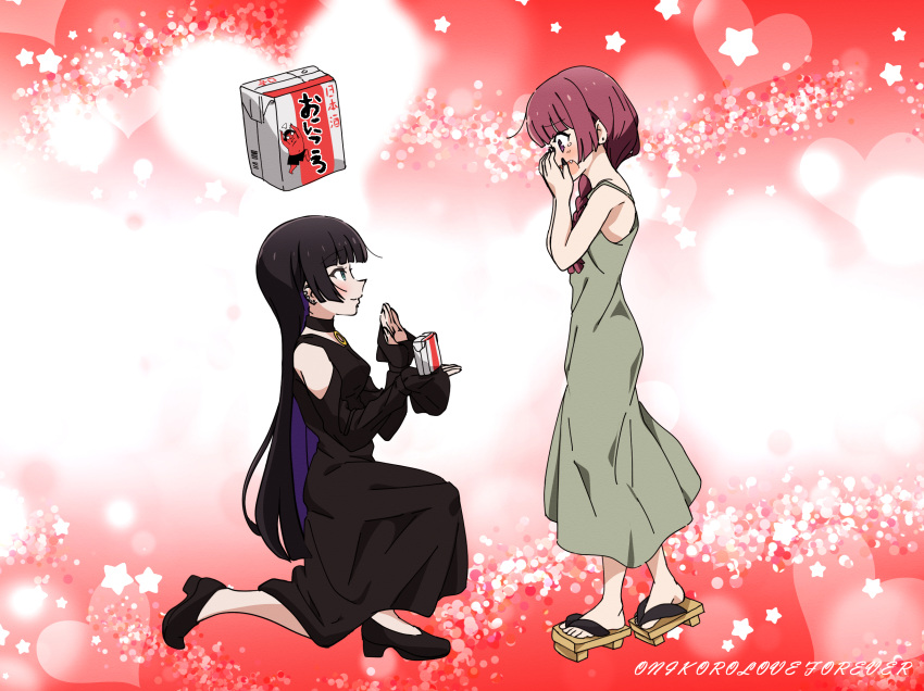 2girls alcohol alcohol_carton aqua_eyes black_dress black_hair black_nails bocchi_the_rock! carton colored_inner_hair commentary dress ear_piercing earrings english_commentary fang geta goumonsha green_dress highres hiroi_kikuri jewelry long_hair marriage_proposal multicolored_hair multiple_girls on_one_knee pa-san piercing purple_eyes purple_hair two-tone_hair yuri