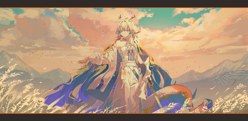 1girl absurdres arknights arm_at_side bead_bracelet beads blonde_hair blue_hair blue_sky bracelet closed_mouth cloud cloudy_sky colored_skin day dragon_girl dragon_horns dragon_tail earrings falling_leaves feet_out_of_frame grey_hair hair_between_eyes hair_intakes hair_spread_out highres holding holding_sword holding_weapon horns jacket jewelry leaf letterboxed long_hair long_sleeves mountain multicolored_hair multiple_bracelets necklace nizhenbang off_shoulder open_clothes open_hand open_jacket outdoors outstretched_arm pants pointy_ears rice_(plant) scenery shirt shu_(arknights) sidelocks sky smile solo strapless strapless_shirt streaked_hair sword tail tassel tassel_earrings very_long_hair watermark weapon white_jacket white_pants white_shirt wide_shot