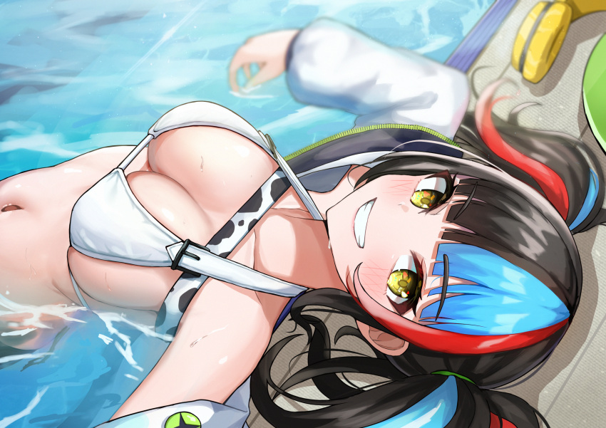 1girl badge bare_shoulders bikini black_hair black_shorts blue_hair blush boo_iro breasts button_badge cleavage commentary_request fate/grand_order fate_(series) green_headwear grin hat hat_removed headphones headwear_removed highres jacket large_breasts leaning_back long_hair long_sleeves looking_at_viewer multicolored_hair navel off_shoulder open_clothes open_jacket pool poolside red_hair revision sei_shounagon_(fate) sei_shounagon_(swimsuit_berserker)_(fate) shorts sidelocks smile swimsuit twintails visor_cap water wet white_bikini white_jacket yellow_eyes