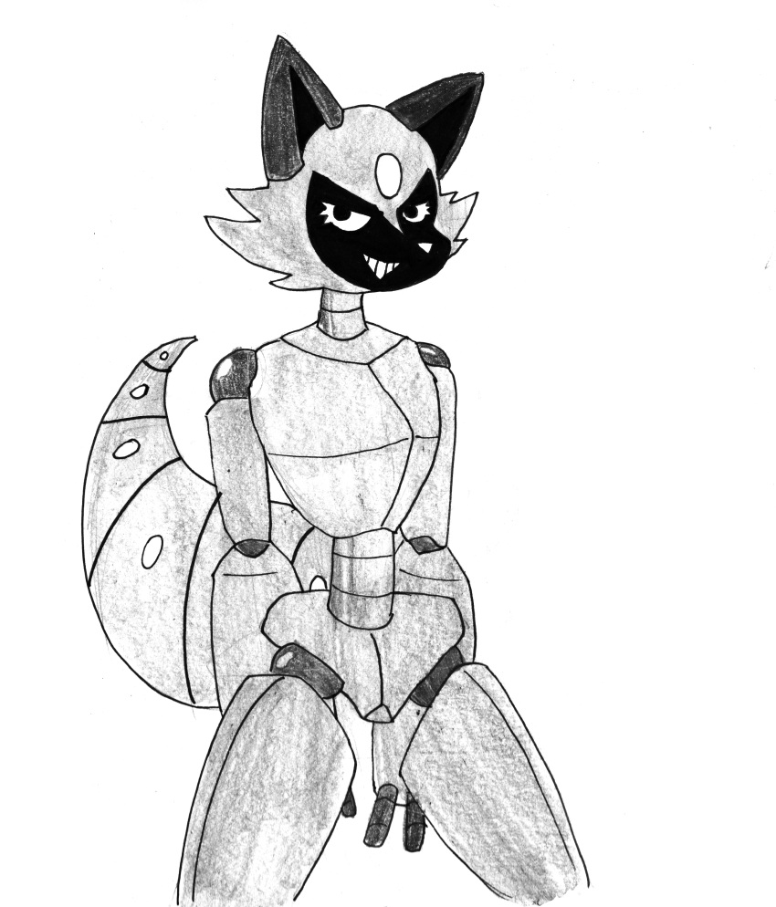 absurd_res canid canine efradraws fox graphite_(artwork) hi_res machine mammal monochrome pencil_(artwork) protogen robot sketch smug smug_face traditional_media_(artwork)