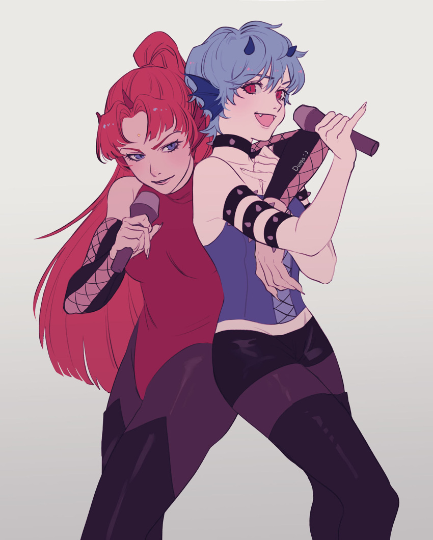 2girls :d arm_around_shoulder armlet bangs black_choker black_footwear black_legwear black_shorts blue_eyes blue_hair blue_horns boots choker closed_mouth commentary cowboy_shot detached_sleeves eyebrows_visible_through_hair fingernails forehead_jewel grey_background head_fins highres holding holding_microphone horns leotard long_hair mermaid_melody_pichi_pichi_pitch microphone mimi_(mermaid_melody_pichi_pichi_pitch) monster_girl multiple_girls music na_yeon open_mouth pantyhose parted_bangs pinky_out ponytail red_eyes red_hair red_horns red_leotard sharp_fingernails sheshe short_hair short_shorts shorts siblings singing single_horn sisters slit_pupils smile spiked_armlet spiked_choker spikes thigh_boots thighhighs turtleneck