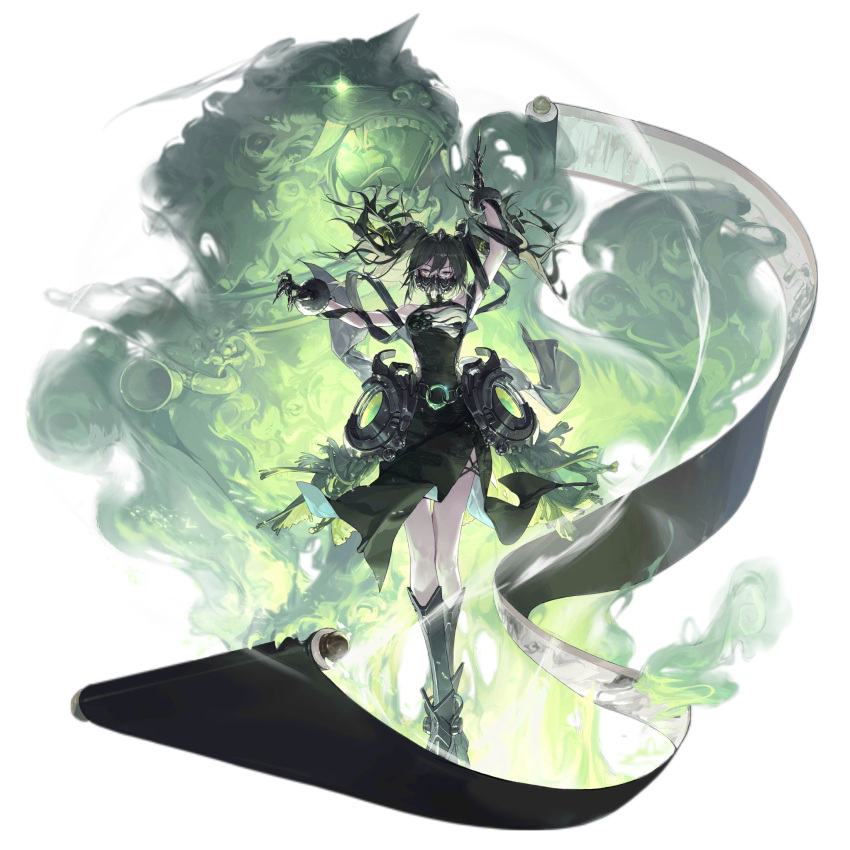 1girl arm_up artist_request bare_shoulders belt black_choker black_dress black_footwear black_gloves black_hair breasts brown_hair china_dress chinese_clothes choker claw_(weapon) claws cleavage double_bun dress eyeliner eyeshadow fantasy floating_hair full_body fur_bracelet gas_mask girls'_frontline gloves glowing glowing_eye green_eyes hair_between_eyes hair_bun hand_up high_heels highres horns komainu large_breasts long_hair looking_at_viewer makeup mask mechanical_shoes no_socks o-ring o-ring_belt official_alternate_costume official_art red_eyeliner red_eyeshadow sangvis_ferri scarecrow_(demonic_abyss)_(girls'_frontline) scarecrow_(girls'_frontline) scroll scroll_tube side_slit single_horn sleeveless sleeveless_dress solo spirit standing third-party_source transparent_background twintails weapon