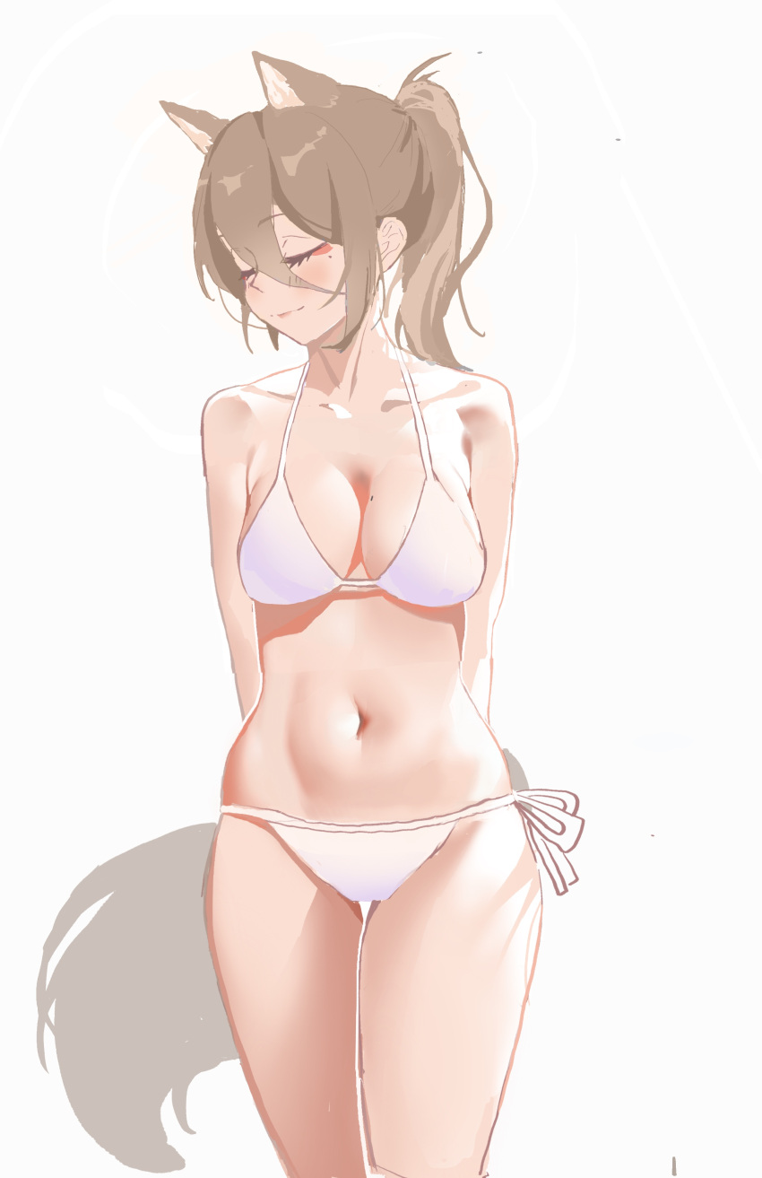 1605051291 1girl absurdres animal_ears armpit_crease bikini blush breasts brown_hair closed_eyes collarbone eyeshadow facial_mark fox_ears fox_girl fox_tail hair_between_eyes halterneck high_ponytail highres honkai:_star_rail honkai_(series) light_smile makeup medium_breasts mole mole_on_breast mole_under_eye navel red_eyeshadow side-tie_bikini_bottom solo stomach swimsuit tail thigh_gap tingyun_(honkai:_star_rail) white_background white_bikini