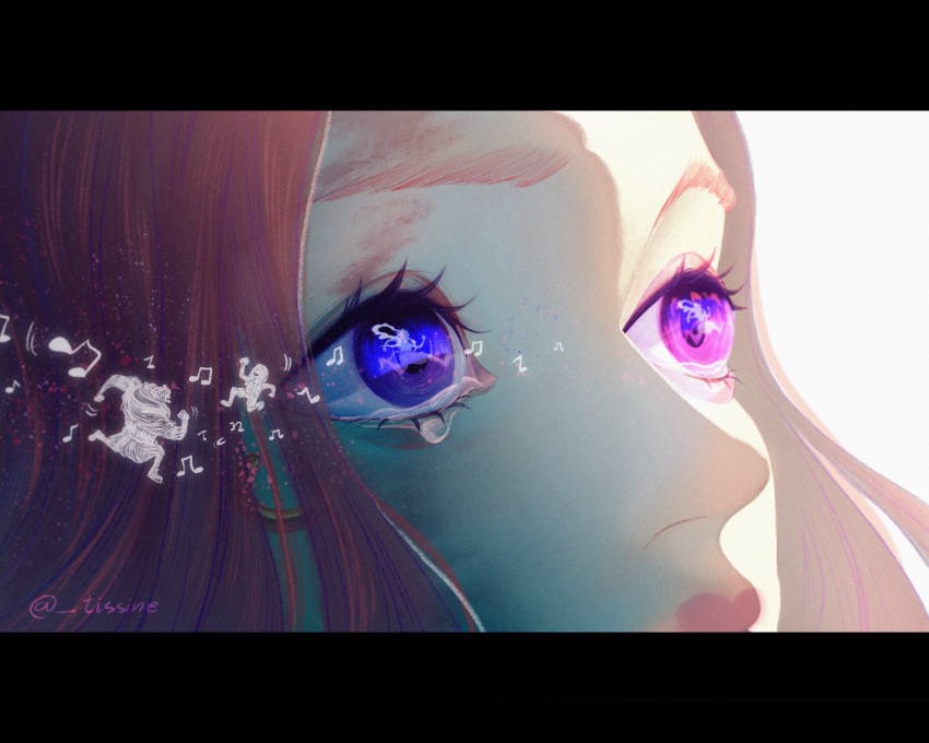 bartholomew_kuma blue_eyes close-up eye_reflection eyelashes gear_fifth highres jewelry_bonney monkey_d._luffy musical_note one_piece piercing pink_hair reflection tearing_up tears tissine twitter_username