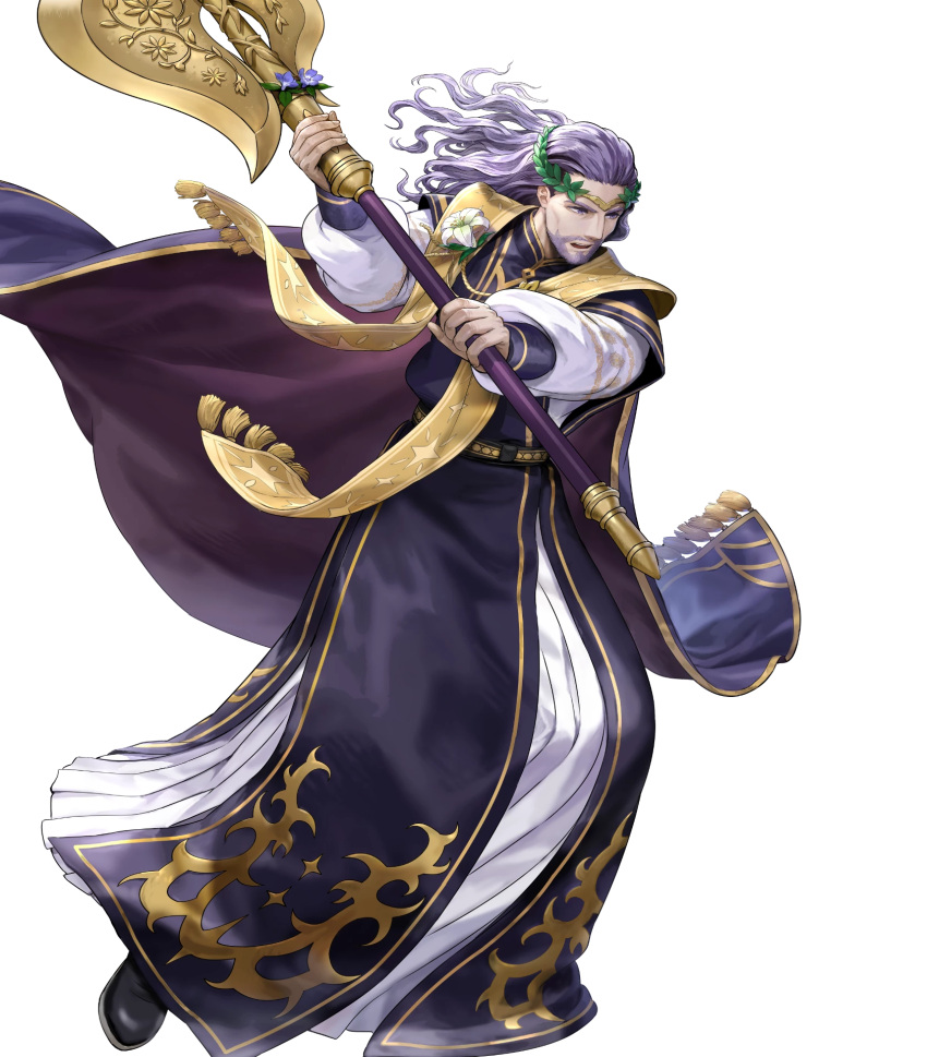 1boy attack axe beard facial_hair fire_emblem fire_emblem:_the_sacred_stones fire_emblem_heroes flower highres holding holding_axe holding_flower laurel_crown medium_hair non-web_source official_alternate_costume official_art purple_eyes purple_hair solo swinging vigarde_(fire_emblem) vigarde_(valentine)_(fire_emblem)