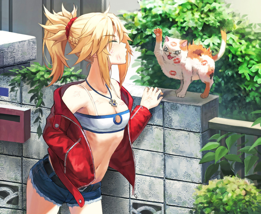 1girl bandeau bare_shoulders blonde_hair blush braid breasts camisole cat closed_eyes commentary_request cowboy_shot crop_top denim denim_shorts fate/apocrypha fate/grand_order fate_(series) french_braid hair_ornament hair_scrunchie highres jacket jewelry lipstick_mark long_hair long_sleeves midriff mordred_(fate) mordred_(fate/apocrypha) mordred_(memories_at_trifas)_(fate) navel necklace off_shoulder open_clothes open_jacket parted_bangs ponytail puckered_lips red_jacket red_scrunchie scratches scrunchie short_shorts shorts sidelocks small_breasts spaghetti_strap thighs tonee