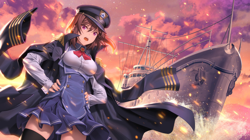 1girl bangs breasts brown_hair doumyouji_cocoa dutch_angle hair_between_eyes hands_on_hips hat highres jacket jacket_on_shoulders long_hair looking_at_viewer medium_breasts pinakes pleated_skirt red_eyes riot_music school_uniform ship skirt solo thighhighs virtual_youtuber watercraft