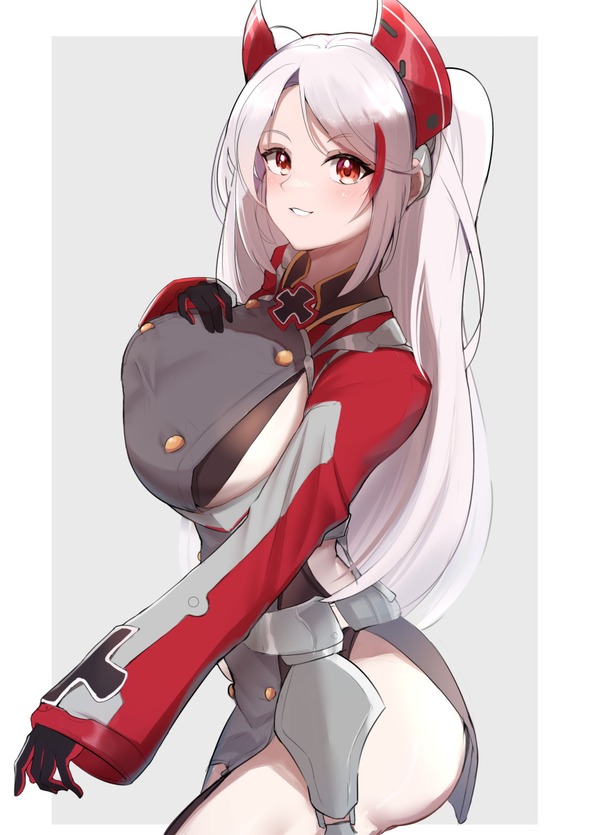 1girl absurdres azur_lane border breasts buttons clothing_cutout cowboy_shot cross double-breasted febicoron grey_background grey_hair hand_on_own_chest headgear highres iron_cross large_breasts long_hair long_sleeves multicolored_hair orange_eyes prinz_eugen_(azur_lane) red_hair side_cutout sideboob solo streaked_hair thighhighs two_side_up white_border