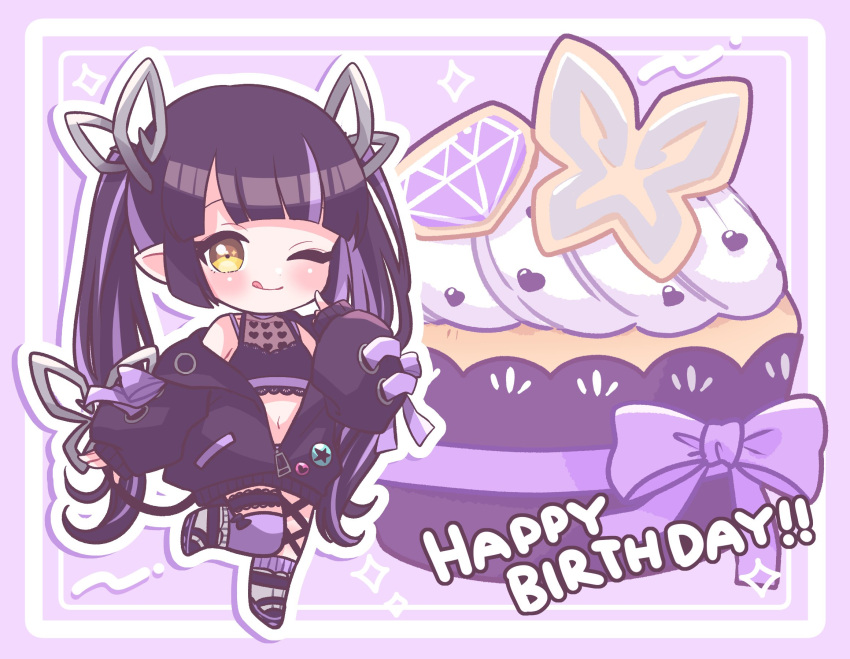 1girl ;q black_hair black_jacket black_ribbon black_shirt blunt_bangs blush boots cake chibi closed_mouth commentary_request crop_top demon_girl demon_horns demon_tail food full_body grey_footwear happy_birthday heart heart_print highres horns jacket kino_haruc kojo_anna kojo_anna_(1st_costume) leg_ribbon long_hair long_sleeves looking_at_viewer medium_bangs midriff multicolored_hair nanashi_inc. navel off_shoulder one_eye_closed open_clothes open_jacket outline pointy_ears print_shirt purple_background purple_hair ribbon see-through see-through_shirt shirt single_thighhigh sleeveless sleeveless_shirt smile solo standing standing_on_one_leg tail thigh_strap thighhighs tongue tongue_out twintails two-tone_hair virtual_youtuber white_outline yellow_eyes zipper