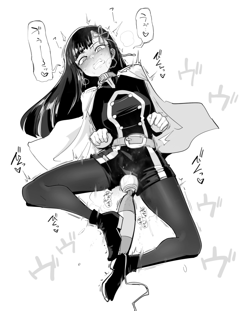 1girl absurdres animal_collar anti-demon_corps_uniform belt belt_buckle black_hair black_pantyhose block_heels blunt_bangs blush boots breasts buckle cape capelet clenched_hands clenched_teeth collar commentary_request dog_treat ear_blush full_body gloves greyscale hair_ornament hair_ribbon heart high_heels highres hitachi_magic_wand humiliation long_hair lying mato_seihei_no_slave medium_breasts monochrome motion_blur motion_lines on_back pantyhose paw_pose ribbon sakifox scowl sex_toy shorts solo sound_effects speech_bubble spread_legs sweat teeth thighs translation_request trembling vibrator white_background yamashiro_ren