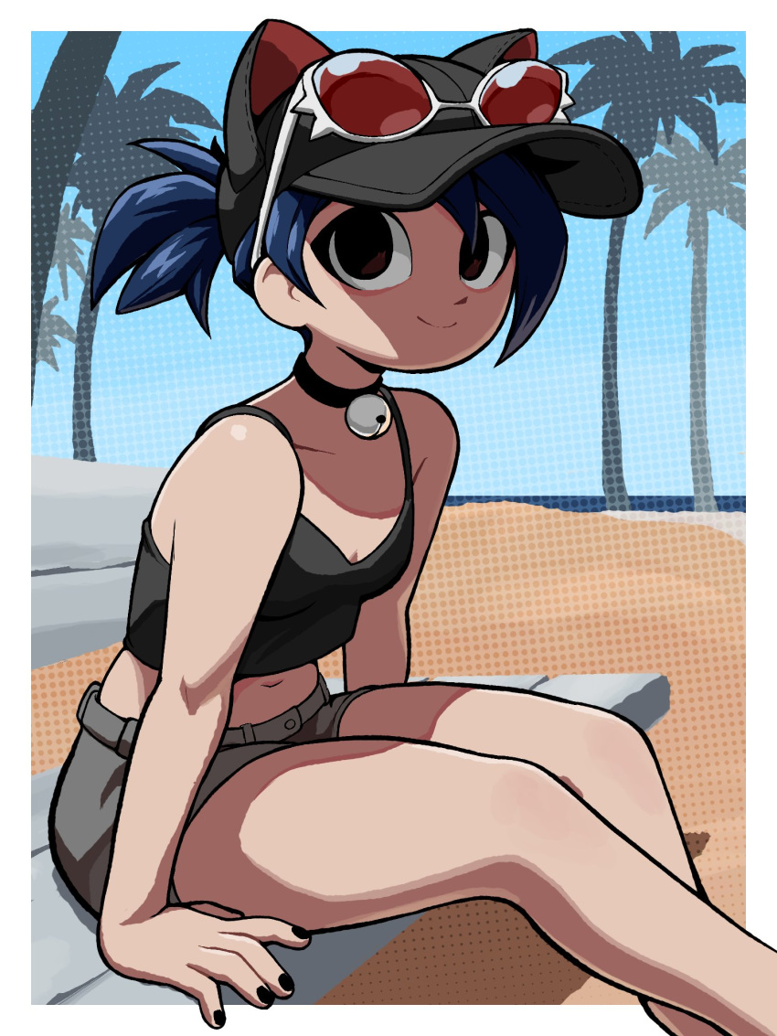 1girl animal_ears arm_support bare_legs bare_shoulders beach bell black_camisole black_choker black_nails blue_hair blue_sky brown_eyes camisole cat_ears choker crop_top dark_blue_hair denim denim_shorts eyewear_on_head fake_animal_ears feet_out_of_frame gato_del_futuro halftone halftone_background highres leaning_forward neck_bell original outdoors palm_tree shorts sitting_on_bench sky solo tree