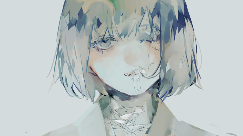 1girl eyeshadow grey_background grey_hair highres looking_at_viewer makeup one_eye_closed original pale_skin parted_lips shirt short_hair simple_background sketch solo syokuuuuuuuuumura tape tape_on_eyelids upper_body