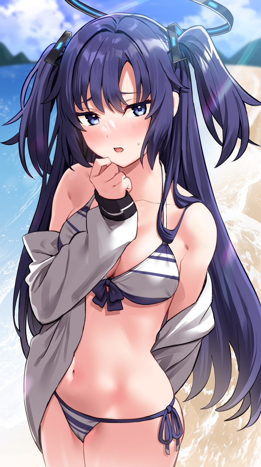 1girl absurdres alternate_costume beach bikini blue_archive blush breasts day halo highres jacket long_hair long_sleeves looking_at_viewer medium_breasts navel ocean off_shoulder open_clothes open_jacket open_mouth outdoors sand solo stomach striped_bikini striped_clothes swimsuit totoki86 yuuka_(blue_archive)