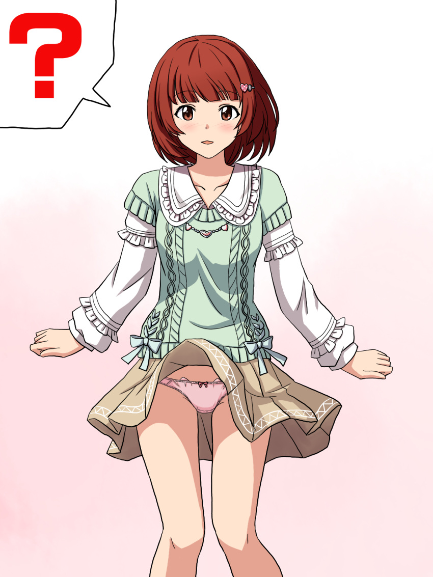 1girl ? blush bow bow_panties brown_skirt clothes_lift collarbone commentary_request commission cowboy_shot crotch_seam frilled_sleeves frills green_sweater hair_ornament hairclip highres idolmaster idolmaster_million_live! idolmaster_million_live!_theater_days legs lielos long_sleeves looking_at_viewer nonohara_akane official_alternate_costume official_alternate_hairstyle open_mouth panties pantyshot partial_commentary pink_background pink_panties pixiv_commission pleated_skirt red_eyes red_hair shirt short_hair skirt skirt_lift smile solo spoken_question_mark standing sweater thighs underwear white_shirt wind wind_lift
