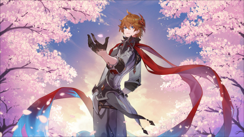 1boy bangs blue_eyes brown_hair cherry_blossoms collared_jacket commentary earrings english_commentary genshin_impact gloves hair_between_eyes highres jewelry looking_at_viewer looking_back male_focus mask mask_on_head orange_hair raijuu_(bakanara) red_scarf scarf short_hair single_earring solo standing sunset tartaglia_(genshin_impact) tassel tassel_earrings