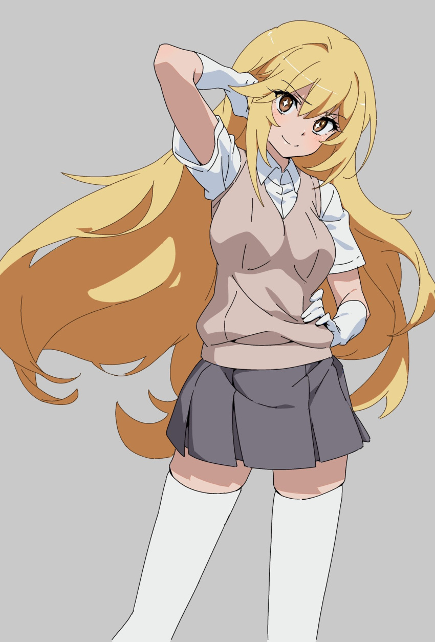 1girl blonde_hair breasts brown_eyes brown_sweater_vest closed_mouth collared_shirt gloves grey_skirt hair_between_eyes hand_in_own_hair hand_on_own_hip highres large_breasts long_hair looking_at_viewer miniskirt pleated_skirt polarbear_4869 school_emblem school_uniform shirt shokuhou_misaki short_sleeves skirt solo sparkling_eyes summer_uniform sweater_vest thighhighs toaru_kagaku_no_mental_out toaru_kagaku_no_railgun toaru_majutsu_no_index tokiwadai_school_uniform very_long_hair white_gloves white_shirt white_thighhighs