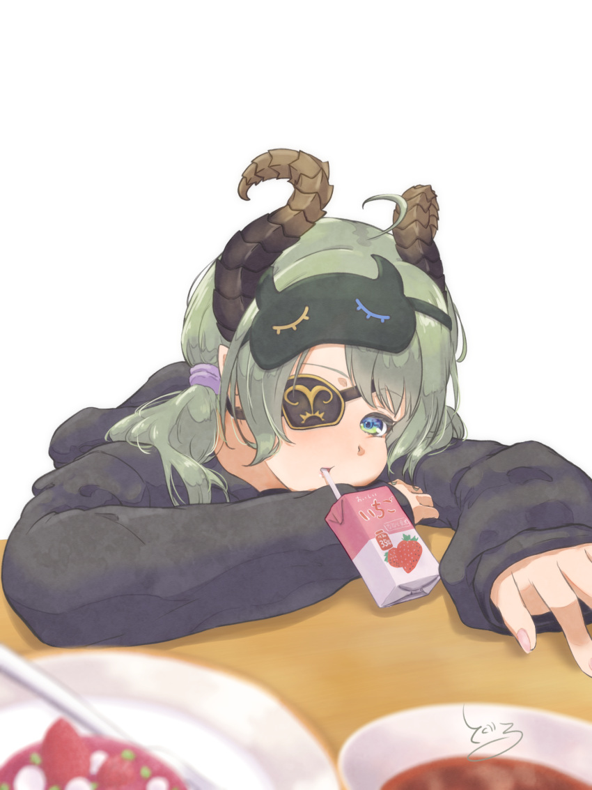 1girl ahoge black_hoodie blue_eyes blurry blurry_foreground blush brown_horns commentary_request curled_horns curry eyepatch food fork fruit green_hair highres hood hood_down hoodie horns juice_box long_sleeves looking_at_viewer low_twintails mask mask_on_head medium_bangs medium_hair nanashi_inc. open_mouth pink_nails plate sekishiro_mico simple_background sleep_mask solo strawberry table transparent_background twintails upper_body virtual_youtuber yunagi_teguru