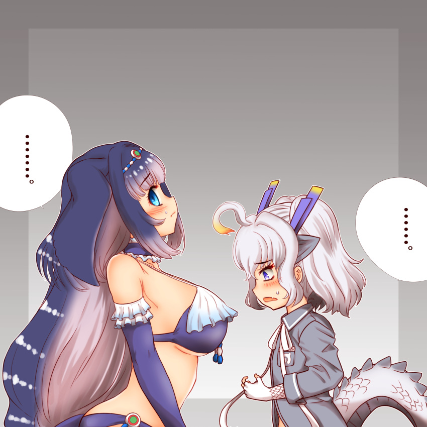 ... 2girls absurdres animal_ears bare_shoulders bikini blue_bikini blue_eyes blue_gloves blue_hair blush breast_envy breasts choker dragon_ears dragon_girl dragon_horns dragon_tail elbow_gloves extra_ears fingerless_gloves fins flat_chest frills gloves grey_hair hakumaiya highres horns kemono_friends kemono_friends_3 large_breasts long_hair multicolored_hair multiple_girls navel open_mouth shirt simple_background skirt spoken_ellipsis steller's_sea_cow_(kemono_friends) swimsuit tail white_dragon_(kemono_friends) white_hair