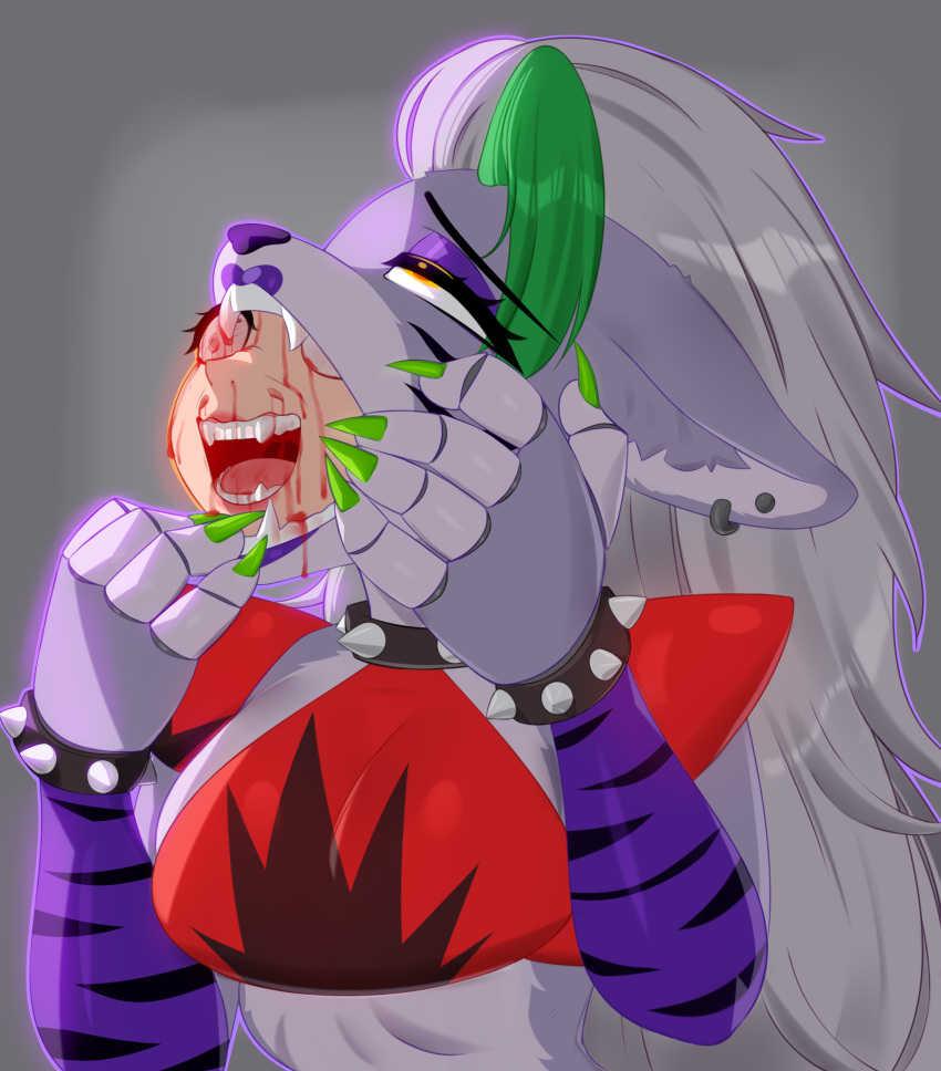 2023 absurd_res ahegao anthro blood blood_in_mouth bodily_fluids canid canine canis death duo ear_piercing ear_ring ears_down eye_roll eyebrows fangs female five_nights_at_freddy's five_nights_at_freddy's:_security_breach fully_clothed_anthro fully_clothed_female fur gore green_eyes green_fingernails hair hi_res human lipstick long_hair looking_pleasured machine makeup mammal open_mouth piercing pivoted_ears purple_body purple_fur raised_inner_eyebrows ring_piercing robot roxanne_wolf_(fnaf) scottgames simple_background snuff springlock_suit steel_wool_studios teeth vanessa_(fnaf) wide_eyed wolf yellow_eyes zexlynk