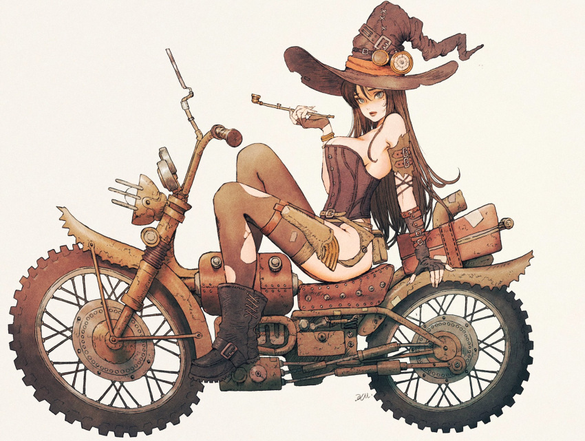 1girl bare_shoulders black_hair blue_eyes boots bracelet breasts bustier commentary fingerless_gloves gloves ground_vehicle hat highres holster jewelry kiseru kuroimori leotard long_hair looking_at_viewer medium_breasts mole mole_under_eye motor_vehicle motorcycle original pipe sitting solo thigh_holster thighhighs torn_clothes torn_legwear white_background witch_hat