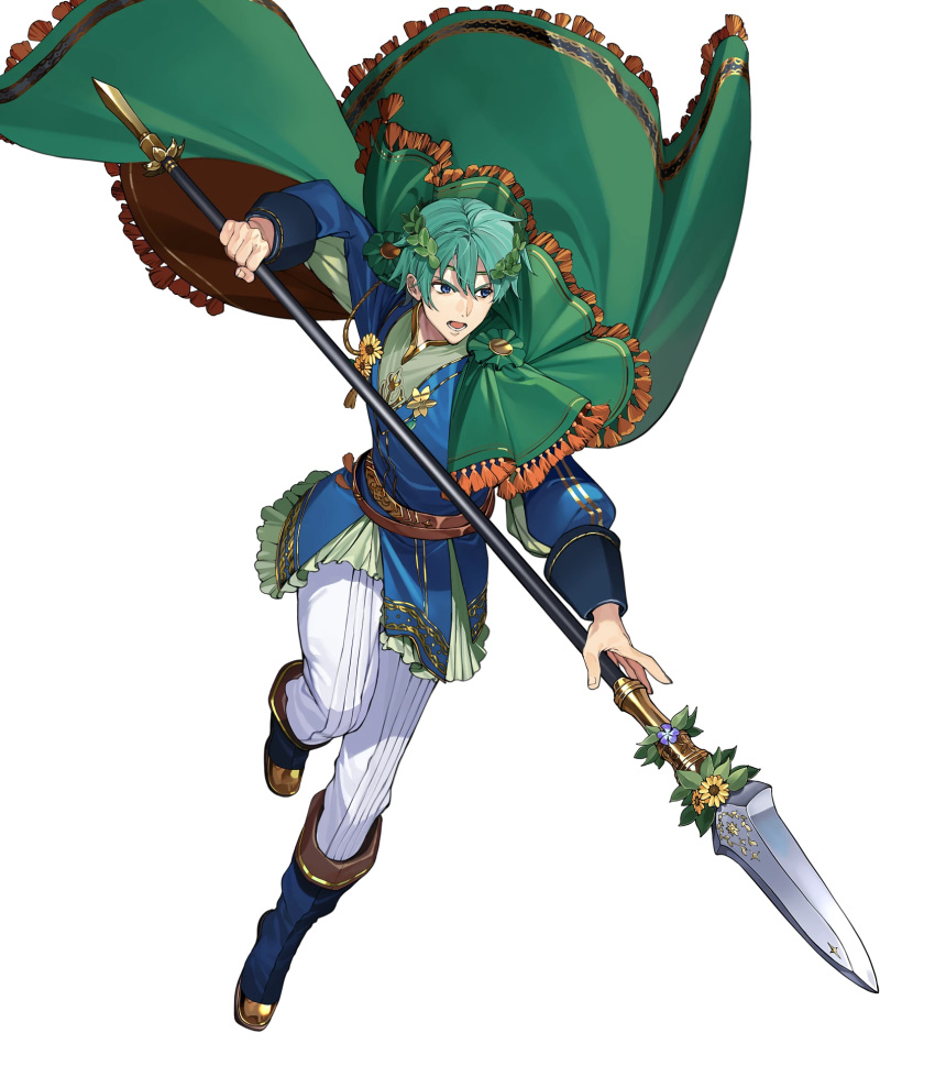 1boy aqua_eyes aqua_hair attack blue_footwear blue_tunic boots cape ephraim_(fire_emblem) ephraim_(valentine)_(fire_emblem) fire_emblem fire_emblem:_the_sacred_stones fire_emblem_heroes green_cape highres holding holding_polearm holding_weapon laurel_crown multicolored_cape multicolored_clothes non-web_source official_alternate_costume official_art open_mouth pants polearm red_cape short_hair solo tunic weapon white_pants