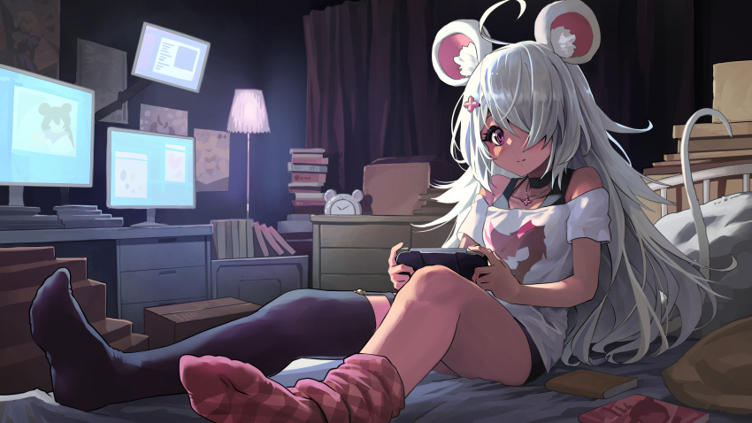 1girl ahoge animal_ear_fluff animal_ears asymmetrical_legwear bangs bare_shoulders black_choker black_legwear black_panties blush book choker clock closed_mouth collarbone commentary_request commission curtains desk eyebrows_behind_hair hair_over_one_eye handheld_game_console highres holding indoors melaton monitor mouse_ears mouse_girl mouse_tail no_shoes off-shoulder_shirt off_shoulder original panties purple_eyes shirt short_sleeves silver_hair single_leg_pantyhose single_thighhigh skeb_commission smile sock_pull soles solo striped striped_legwear tail thighhighs underwear white_shirt