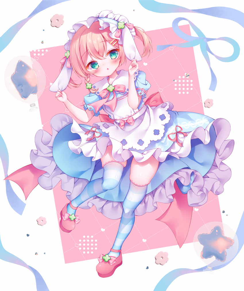 1girl amahane_yotsuha animal_ears apron blue_dress blue_hairband blue_ribbon blush bow braid chestnut_mouth collared_dress commentary_request dress floppy_ears frilled_dress frilled_hairband frills full_body fuxiyu grabbing_another's_ear green_eyes hair_between_eyes hairband hand_on_another's_ear hands_up highres light_brown_hair looking_at_viewer parted_lips pink_background pink_bow pink_footwear puffy_short_sleeves puffy_sleeves rabbit_ears ribbon shoes short_sleeves skindentation solo standing standing_on_one_leg star_(symbol) striped_clothes striped_thighhighs thighhighs twintails two-tone_background vgaming virtual_youtuber white_apron white_background