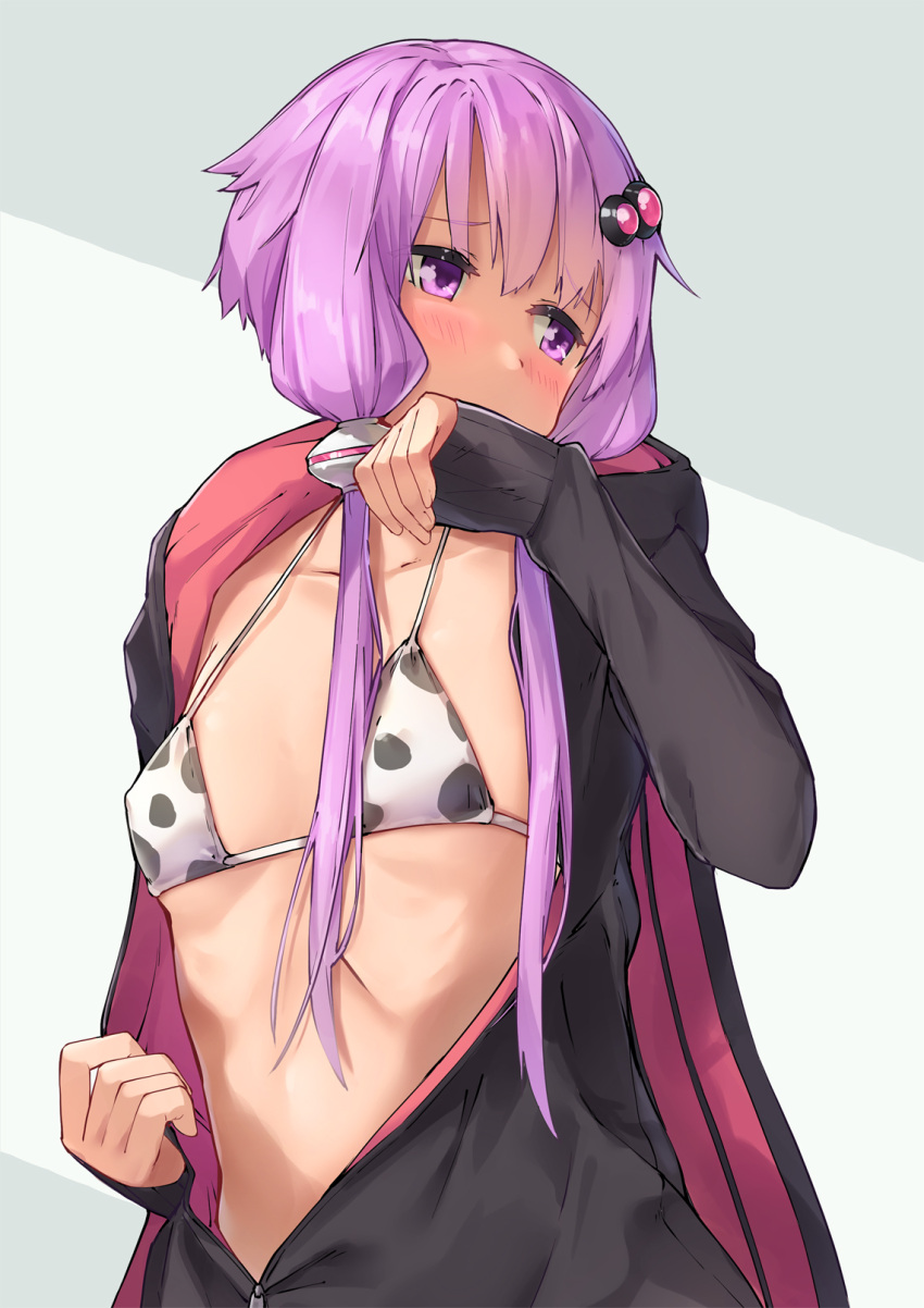 animal_print bikini black_hoodie blush breasts clothes_pull covering_own_mouth cow_print cow_print_bikini hair_ornament highres hood hood_down hoodie kanzen_bouon long_sleeves looking_to_the_side open_clothes open_hoodie print_bikini purple_eyes purple_hair red_hoodie short_hair_with_long_locks simple_background small_breasts swimsuit swimsuit_under_clothes upper_body voiceroid yuzuki_yukari