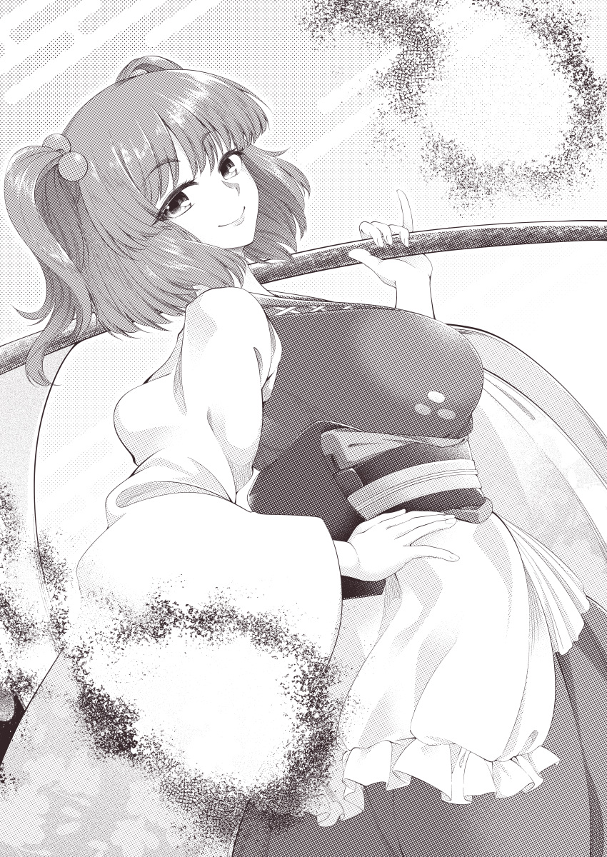 0-den 1girl absurdres breasts highres holding holding_scythe long_sleeves looking_at_viewer monochrome onozuka_komachi puffy_long_sleeves puffy_sleeves scythe smile solo touhou two_side_up upper_body wide_sleeves