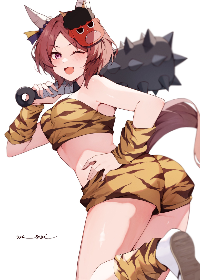 1girl absurdres animal_print brown_hair club_(weapon) ear_covers highres holding_club horse_girl horse_tail mask mask_on_head misoni_(mi_so_ni_t) one_eye_closed oni_mask open_mouth parted_bangs purple_eyes sakura_laurel_(oni_laurel)_(umamusume) sakura_laurel_(umamusume) short_hair simple_background smile solo spiked_club tail thighs tiger_print umamusume umanari_ichi_furlong_theater weapon white_background