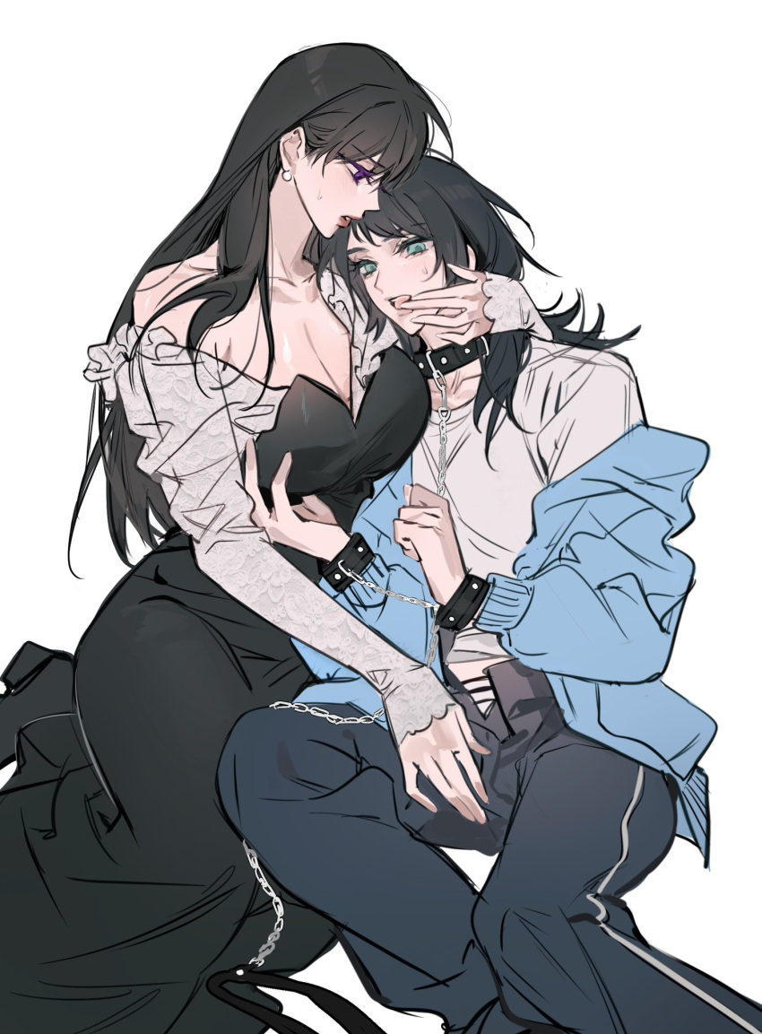 2girls bang_dream! bang_dream!_it's_mygo!!!!! black_collar black_dress black_hair blue_jacket blue_pants breasts chain cleavage collar cuffed dress earrings finger_in_another's_mouth flat_chest green_eyes highres jacket jewelry large_breasts long_hair long_sleeves m_omoo multiple_girls off_shoulder open_clothes open_jacket open_mouth pants purple_eyes shiina_taki shirt simple_background single_off_shoulder sweatdrop white_background white_shirt yahata_umiri yuri