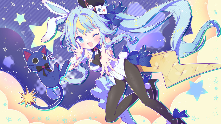 1girl animal_ears arm_garter black_bow black_bowtie black_footwear black_headwear blonde_hair blue_bow blue_bowtie blue_eyes blue_hair bodystocking bow bowtie breasts brooch card cat chion_(yukina) dice hair_bow hat hat_ornament heart heart_brooch high_heels highres jewelry kaminari_clara leotard lightning_bolt-shaped_pupils lightning_bolt_symbol long_hair multicolored_hair one_eye_closed open_mouth phase_connect playboy_bunny playing_card pom_pom_(clothes) rabbit_ears rabbit_tail starry_background streaked_hair tail top_hat twitter_username two-tone_bowtie virtual_youtuber white_leotard
