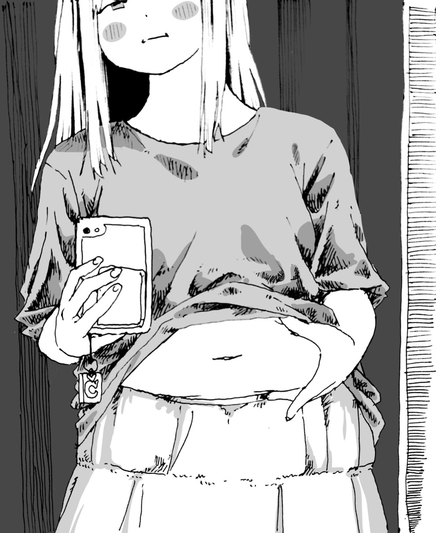 1girl :t belly belly_grab blush_stickers cellphone_charm charm_(object) cowboy_shot dark_background greyscale highres holding holding_phone monochrome navel original phone selfie shirt sketch skirt solo t-shirt thewma