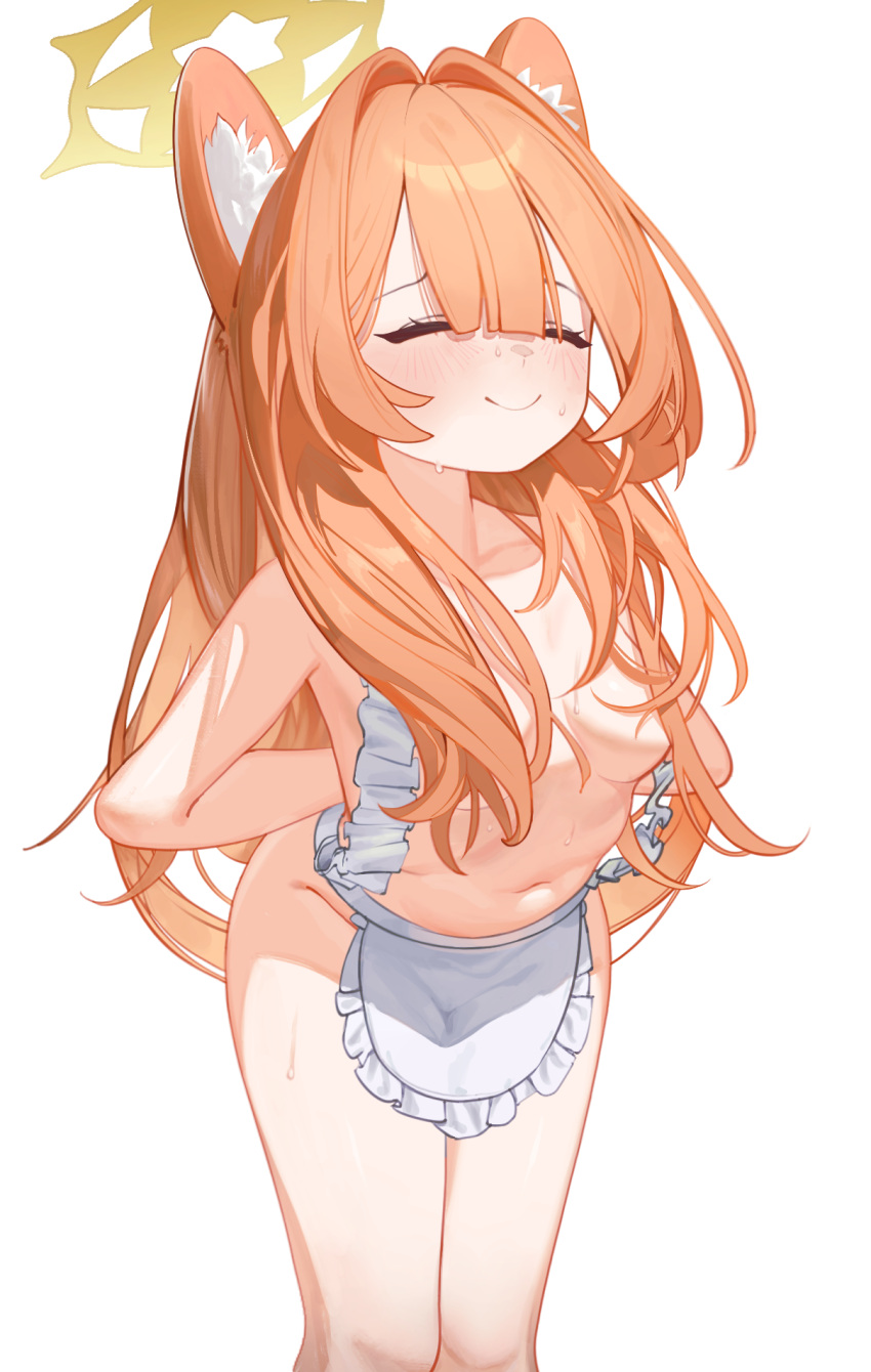 1girl animal_ear_fluff animal_ears apron arms_behind_back blue_archive blush breasts closed_eyes closed_mouth derkui_(sdxawqecz) feet_out_of_frame frilled_apron frills halo highres long_hair mari_(blue_archive) naked_apron navel orange_hair simple_background small_breasts solo white_apron white_background yellow_halo