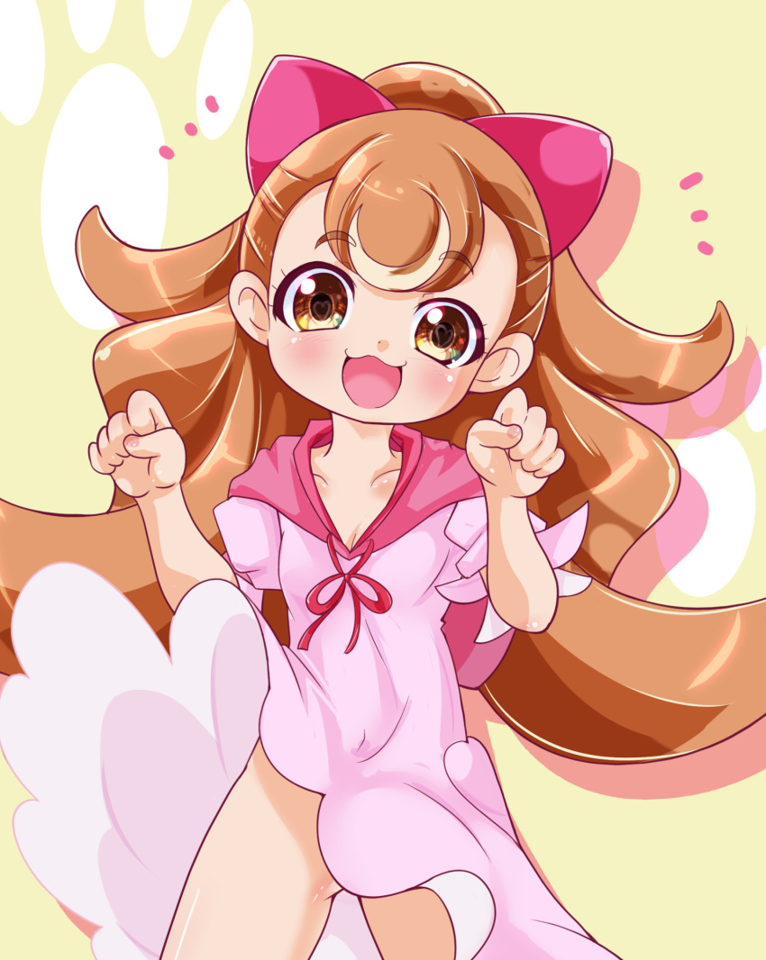 1girl :3 :d blush bow brown_eyes brown_hair dress hair_bow highres hood hooded_dress inukai_komugi long_hair looking_at_viewer no_panties open_mouth paw_pose pink_dress ponytail precure ribbon short_sleeves smile solo wonderful_precure! yoppi98ro