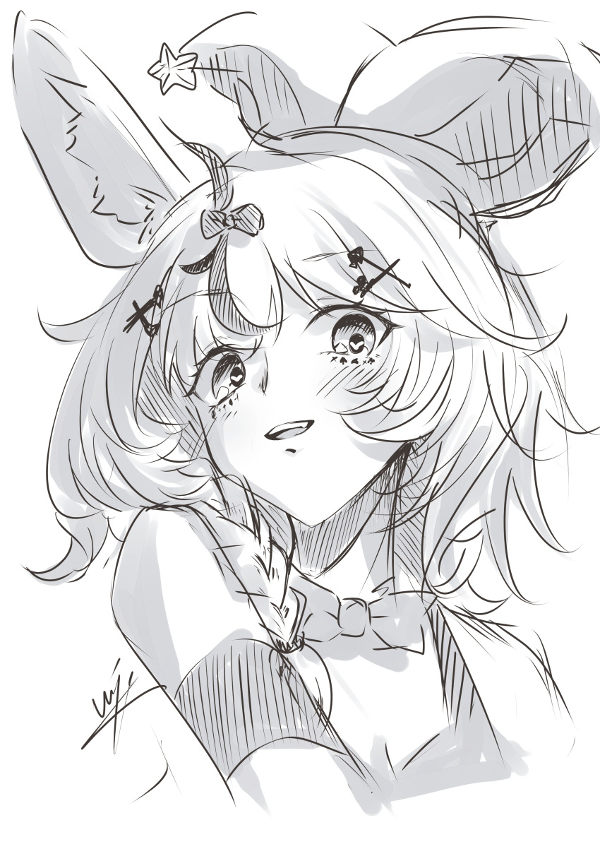 1girl absurdres animal_ear_fluff animal_ears blush bow bowtie fox_ears greyscale hair_bow hat head_tilt heart heart_in_eye highres hololive jester_cap looking_at_viewer monochrome omaru_polka omaru_polka_(1st_costume) portrait shadow signature sketch smile solo symbol_in_eye virtual_youtuber waju220 white_background