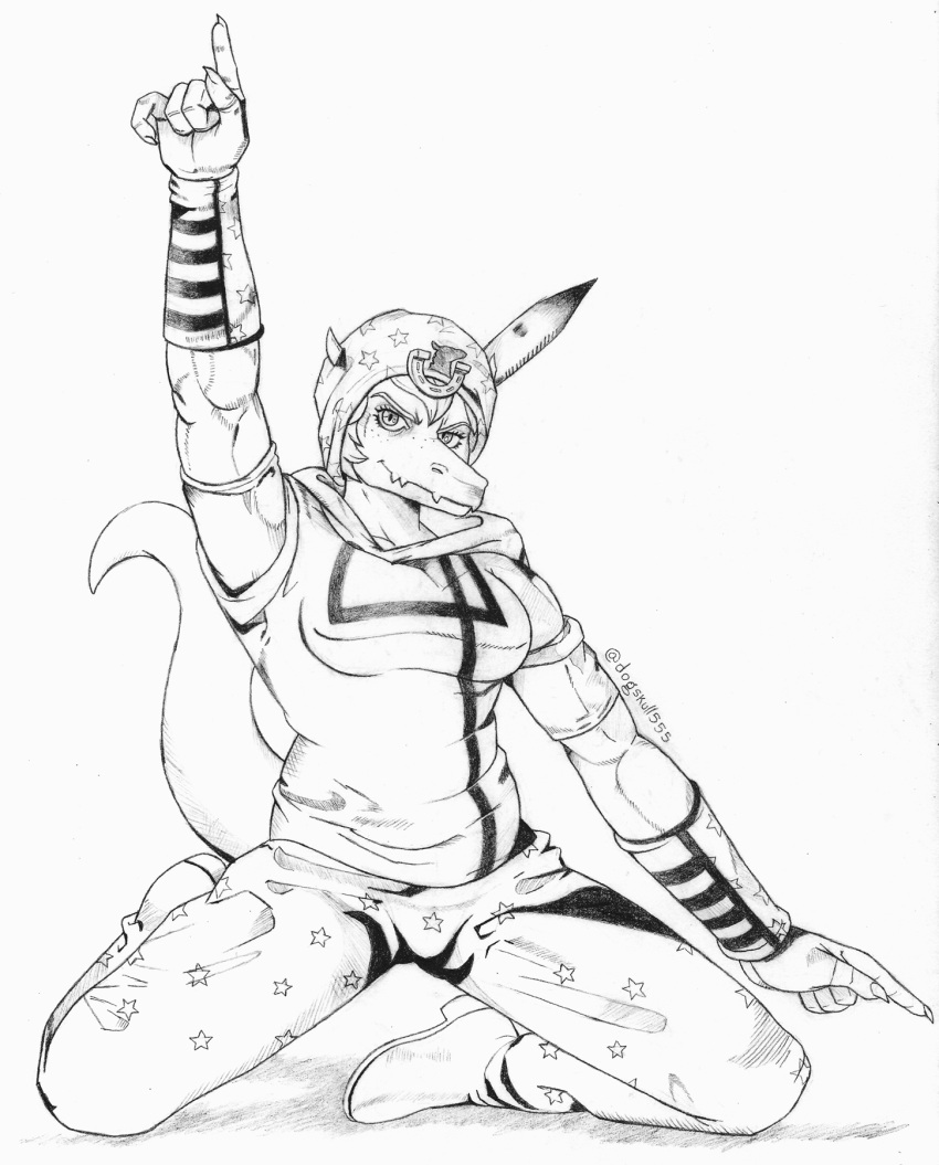 2024 5_fingers anthro artist_name baryonyx black_and_white breasts claws clothing cosplay dinosaur dogskull555 eyelashes female finger_claws fingers freckles hat headgear headwear hi_res i_wani_hug_that_gator johnny_joestar jojo's_bizarre_adventure kneeling long_tail looking_at_viewer monochrome olivia_halford reptile scalie signature sketch smile snout solo spinosaurid tail theropod