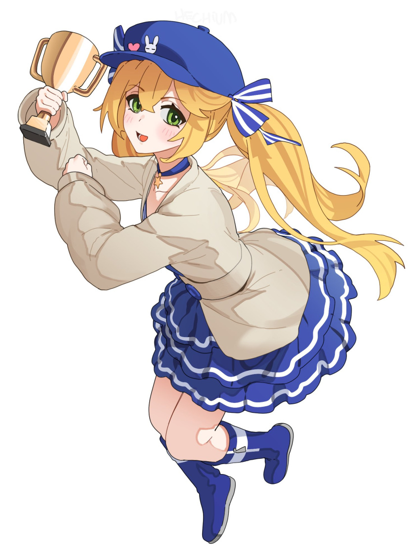 1girl blonde_hair blue_choker blue_dress blue_footwear blue_headwear blue_ribbon blush boots choker commentary dokibird_(vtuber) dress full_body green_eyes grey_jacket hair_between_eyes hat hat_ribbon hechium highres holding_trophy indie_virtual_youtuber jacket knee_boots layered_dress long_hair long_sleeves looking_at_viewer open_mouth puffy_long_sleeves puffy_sleeves ribbon short_dress simple_background smile solo star_(symbol) star_choker symbol-only_commentary tachi-e trophy twintails very_long_hair virtual_youtuber white_background