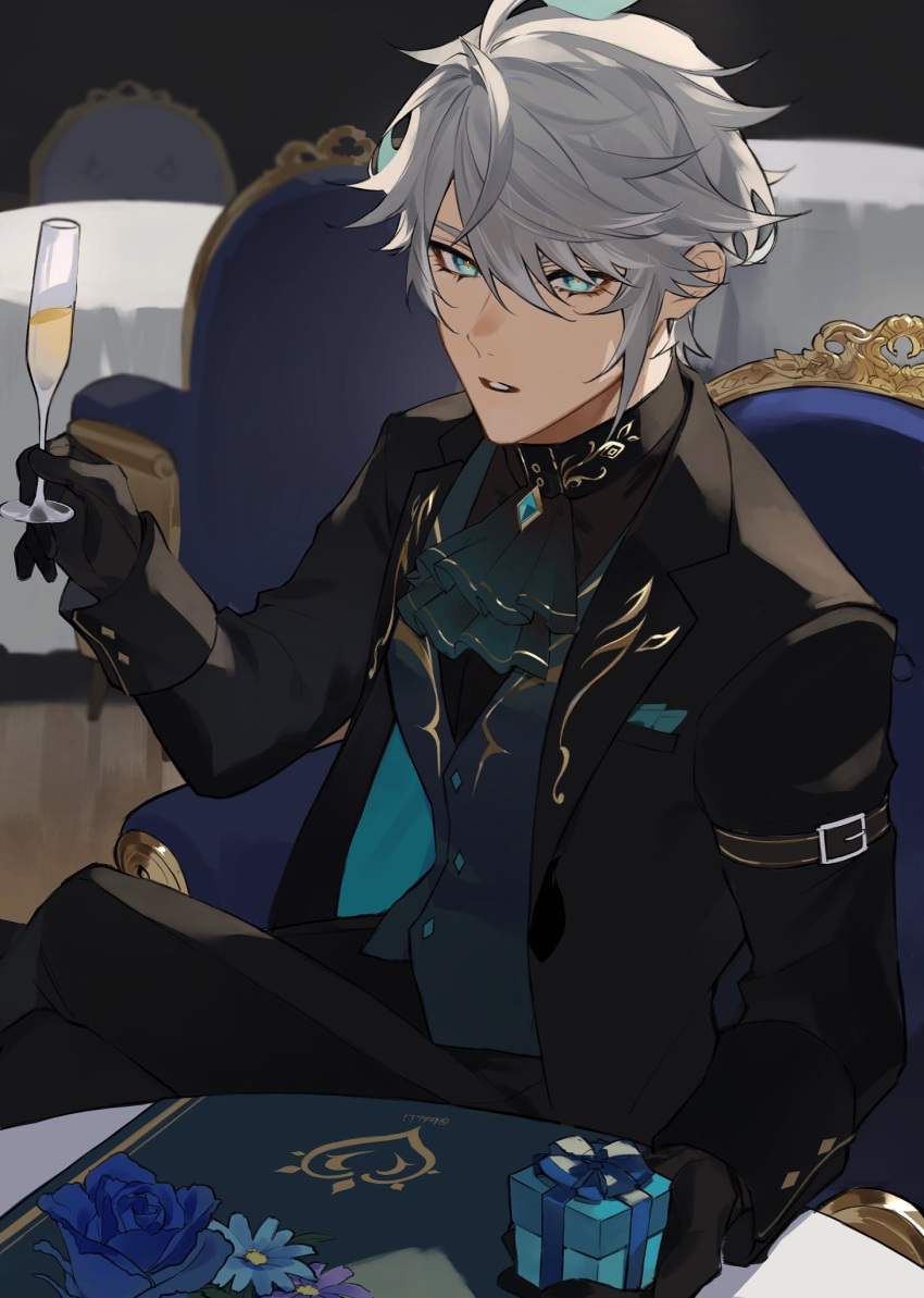 1boy ahoge alcohol alhaitham_(genshin_impact) aqua_ascot aqua_eyes aqua_gemstone aqua_hair aqua_vest ascot black_ascot black_gloves black_jacket black_pants black_shirt blue_flower blue_rose box breast_pocket brooch buttons chair champagne champagne_flute commentary_request crossed_legs cup drinking_glass english_commentary flower gem genshin_impact gift gift_box gloves gradient_ascot grey_hair hair_between_eyes hand_up handkerchief highres holding holding_cup jacket jewelry kichi_owo lapels long_sleeves looking_at_viewer male_focus mixed-language_commentary multicolored_hair on_chair open_clothes open_jacket pants parted_bangs parted_lips pocket rose shirt short_hair sidelocks sitting sleeve_cuffs solo swept_bangs table tablecloth vest