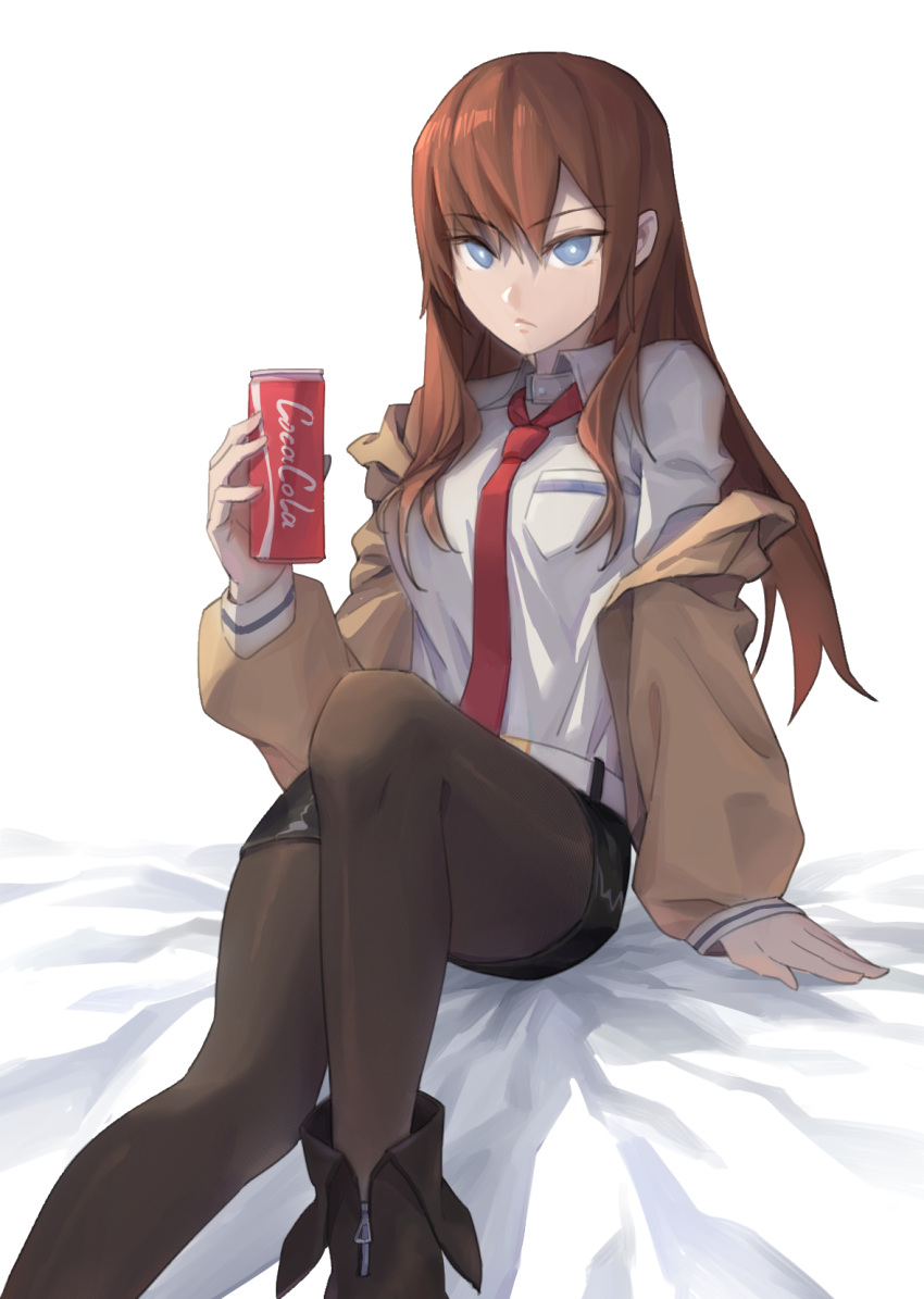 1girl :&lt; bangs bed_sheet belt black_footwear black_legwear black_shorts blue_eyes boots breast_pocket bright_pupils brown_hair can commentary dododo dress_shirt drink hair_between_eyes highres holding holding_can holding_drink jacket knee_up legwear_under_shorts long_hair looking_at_viewer makise_kurisu necktie off_shoulder on_bed pantyhose pocket red_necktie shirt short_shorts shorts sitting solo steins;gate straight_hair white_pupils white_shirt zipper_footwear zipper_pull_tab