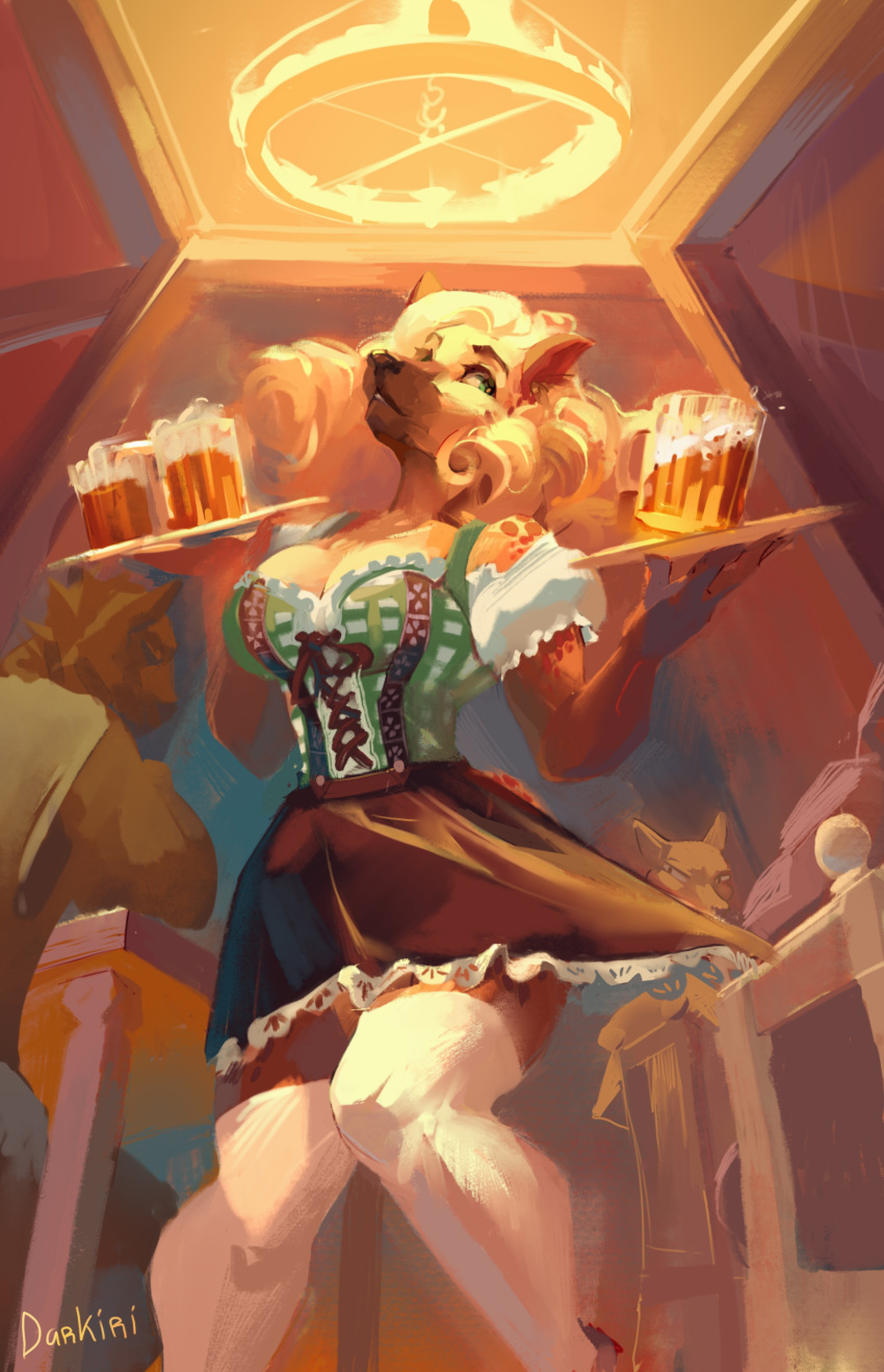 2021 absurd_res alcohol anthro artist_name beer beer_mug beverage black_nose blonde_hair breasts canid canine canis chandelier clothing darkiri detailed_background digital_media_(artwork) domestic_dog dress eyebrows female front_view fur german_shepherd green_eyes group hair herding_dog hi_res legwear long_hair mammal pastoral_dog public stockings suki_wolfram tan_body tan_fur waiter waitress_uniform white_clothing white_legwear